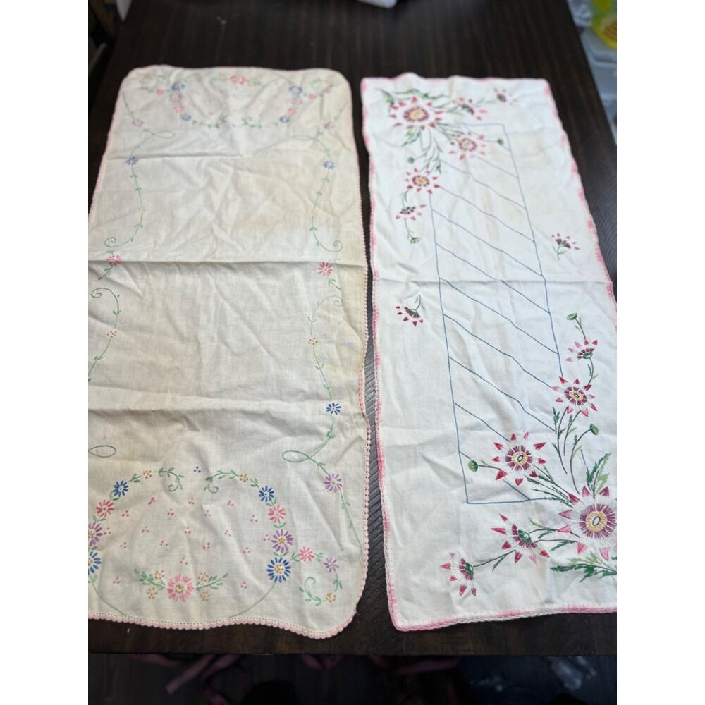 Handmade Vintage Floral Embroidered Linen Table Runners Set 17" x 39" & 16" x 38